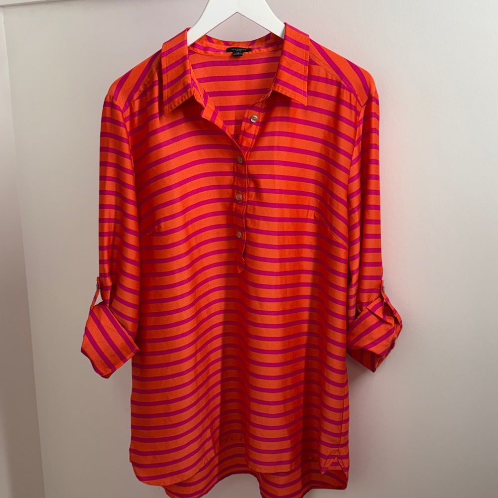 Ann Taylor Vibrant Orange and Pink Striped Blouse/Tunic
